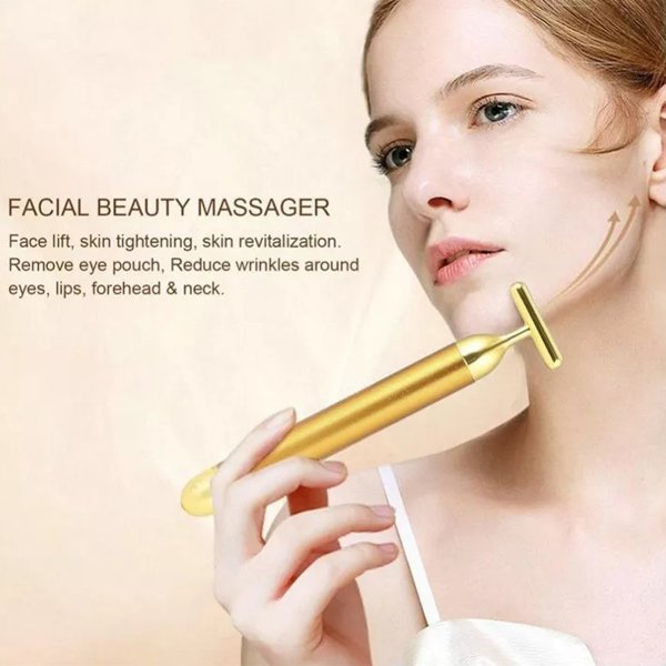 24K Gold Plated Face Slimming T shape Vibration Beauty Roller Massager Stick Bar