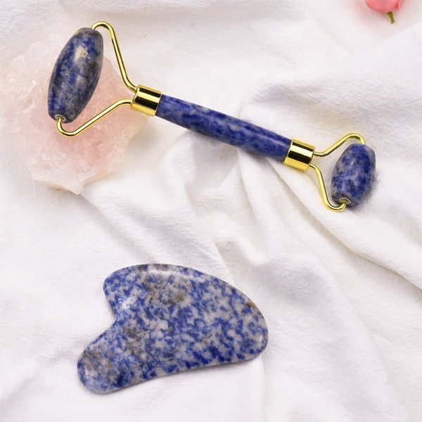 Natural Jade Stone Blue Aventurine Jade Roller & Gua Sha Massage Tool for Face and Body(Blue)