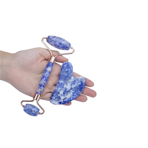 Natural Jade Stone Blue Aventurine Jade Roller & Gua Sha Massage Tool for Face and Body(Blue)
