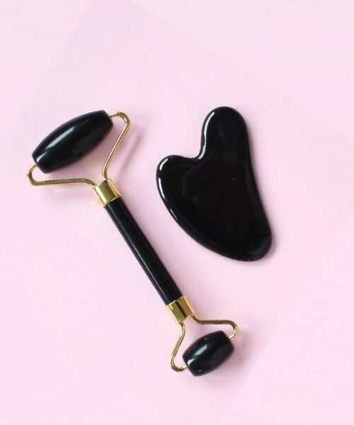 Natural Jade Stone Obsidian Jade Roller & Gua Sha Massage Tool for Face and Body(Black)