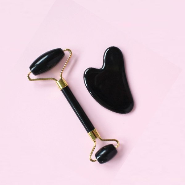 Natural Jade Stone Obsidian Jade Roller & Gua Sha Massage Tool for Face and Body(Black)