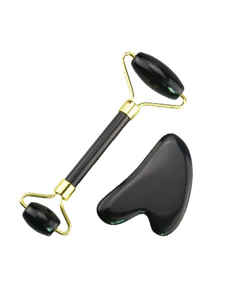Natural Jade Stone Obsidian Jade Roller & Gua Sha Massage Tool for Face and Body(Black)