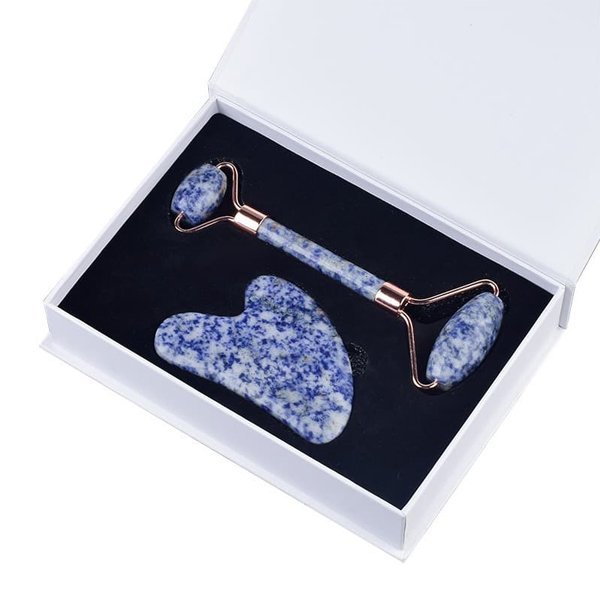Natural Jade Stone Blue Aventurine Jade Roller & Gua Sha Massage Tool for Face and Body(Blue)