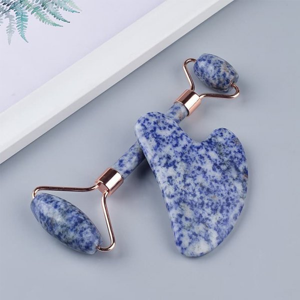 Natural Jade Stone Blue Aventurine Jade Roller & Gua Sha Massage Tool for Face and Body(Blue)
