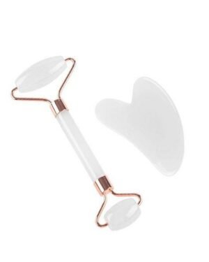 Natural Jade Stone White Crystal Jade Roller & Gua Sha Massage Tool for Face and Body(White)