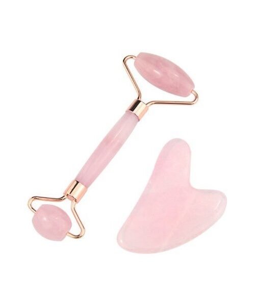 Natural Jade Stone Rose Quartz Jade Roller & Gua Sha Massage Tool for Face and Body(Pink)