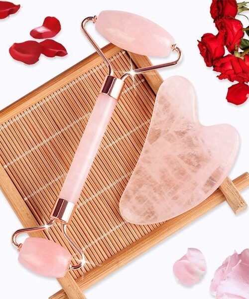 Natural Jade Stone Rose Quartz Jade Roller & Gua Sha Massage Tool for Face and Body(Pink)