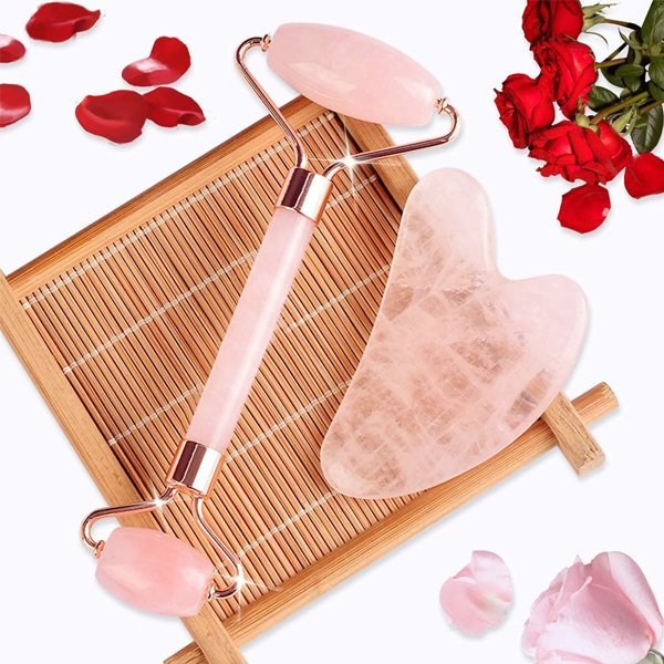Natural Jade Stone Rose Quartz Jade Roller & Gua Sha Massage Tool for Face and Body(Pink)