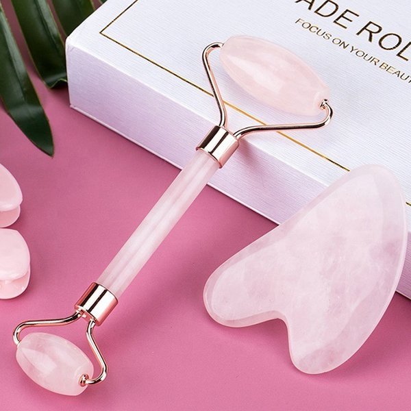 Natural Jade Stone Rose Quartz Jade Roller & Gua Sha Massage Tool for Face and Body(Pink)