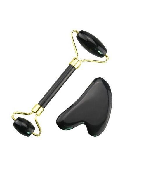 Natural Jade Stone Obsidian Jade Roller & Gua Sha Massage Tool for Face and Body(Black)