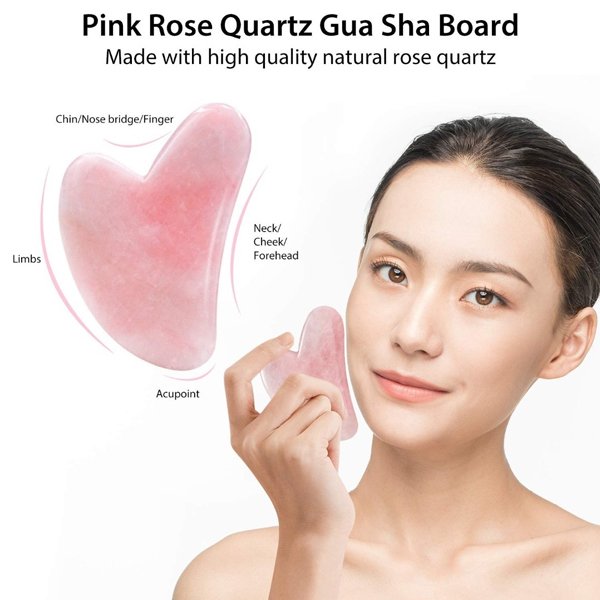 Natural Jade Stone Rose Quartz Jade Roller & Gua Sha Massage Tool for Face and Body(Pink)
