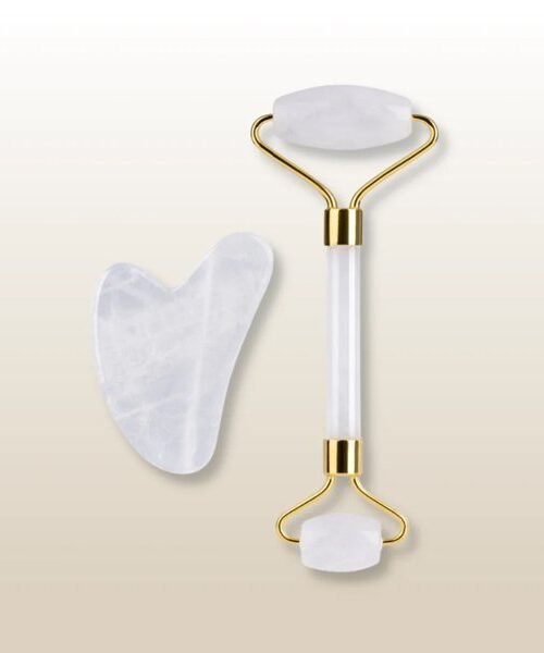 Natural Jade Stone White Crystal Jade Roller & Gua Sha Massage Tool for Face and Body(White)