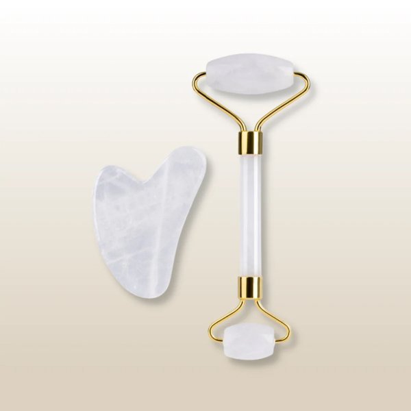 Natural Jade Stone White Crystal Jade Roller & Gua Sha Massage Tool for Face and Body(White)