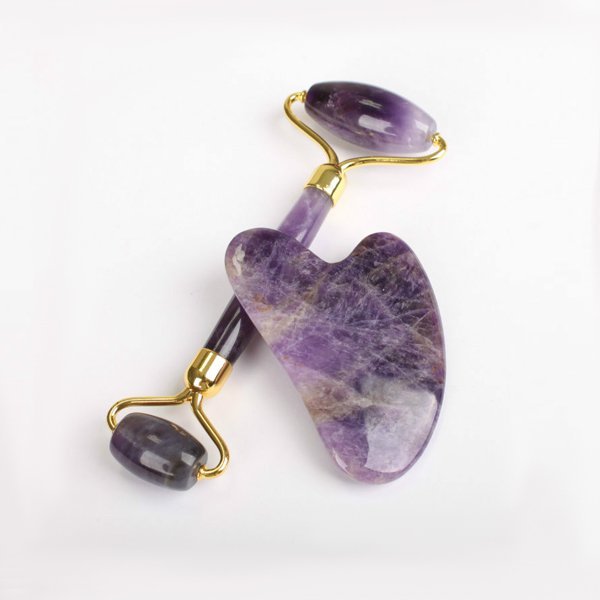 Natural Jade Stone Amethyst Jade Roller & Gua Sha Massage Tool for Face and Body (Purple)